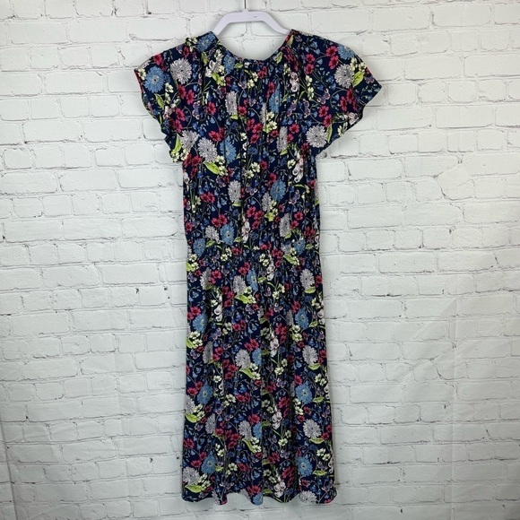 Talbots Smocked Split Neck Dress Knee Length Fit & Flare Floral Print XS - Picture 3 of 8